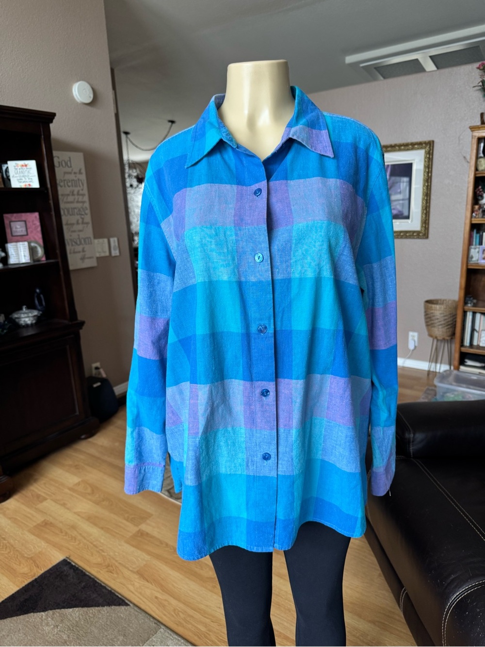Liz Baker blue and purple plaid LINEN button-down shirt-size 1X